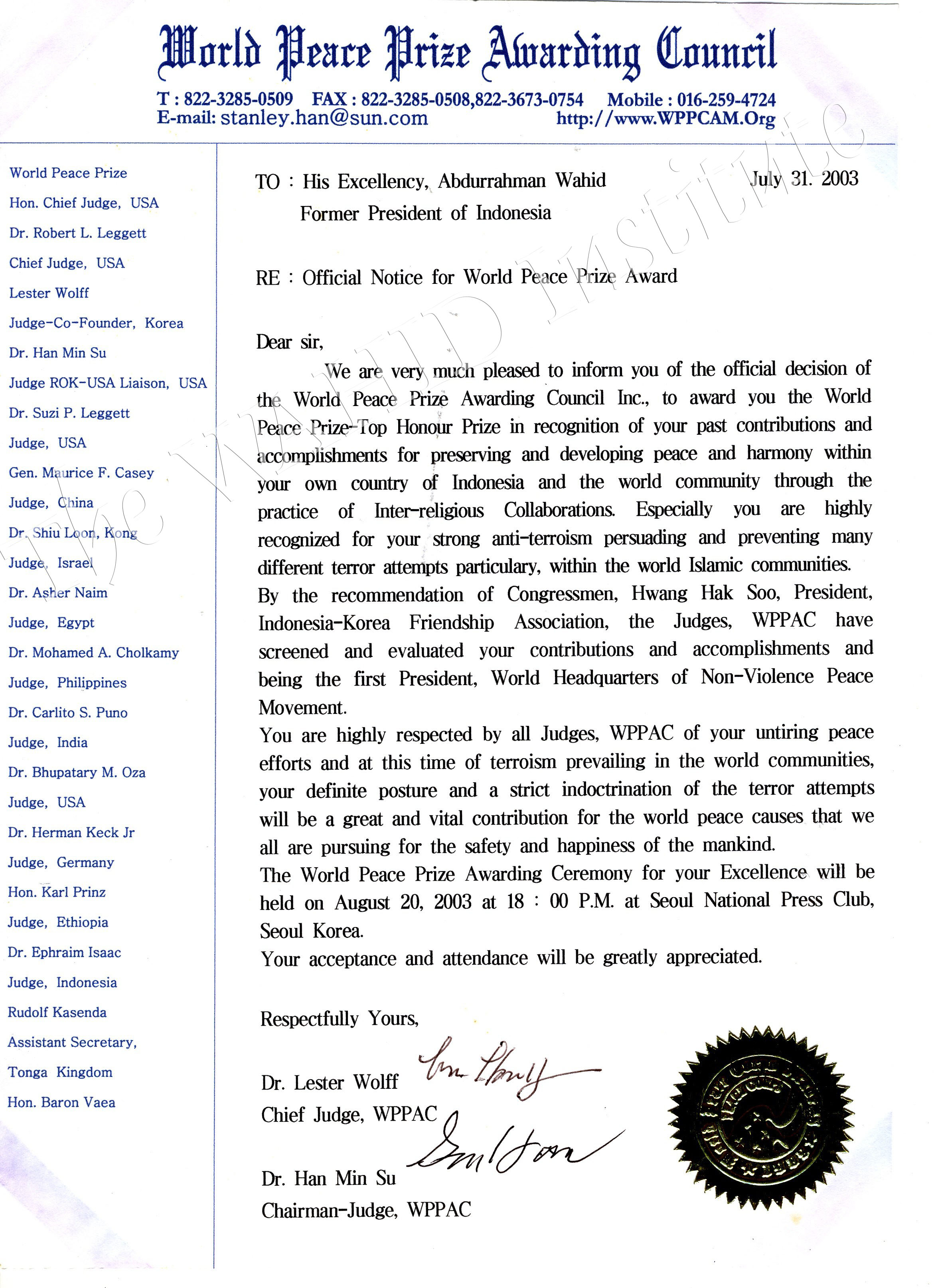 World Peace Prize Award 1